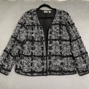Chicos Size 2 L Black And White Fringy Open Front Light Jacket With Sequins Silk